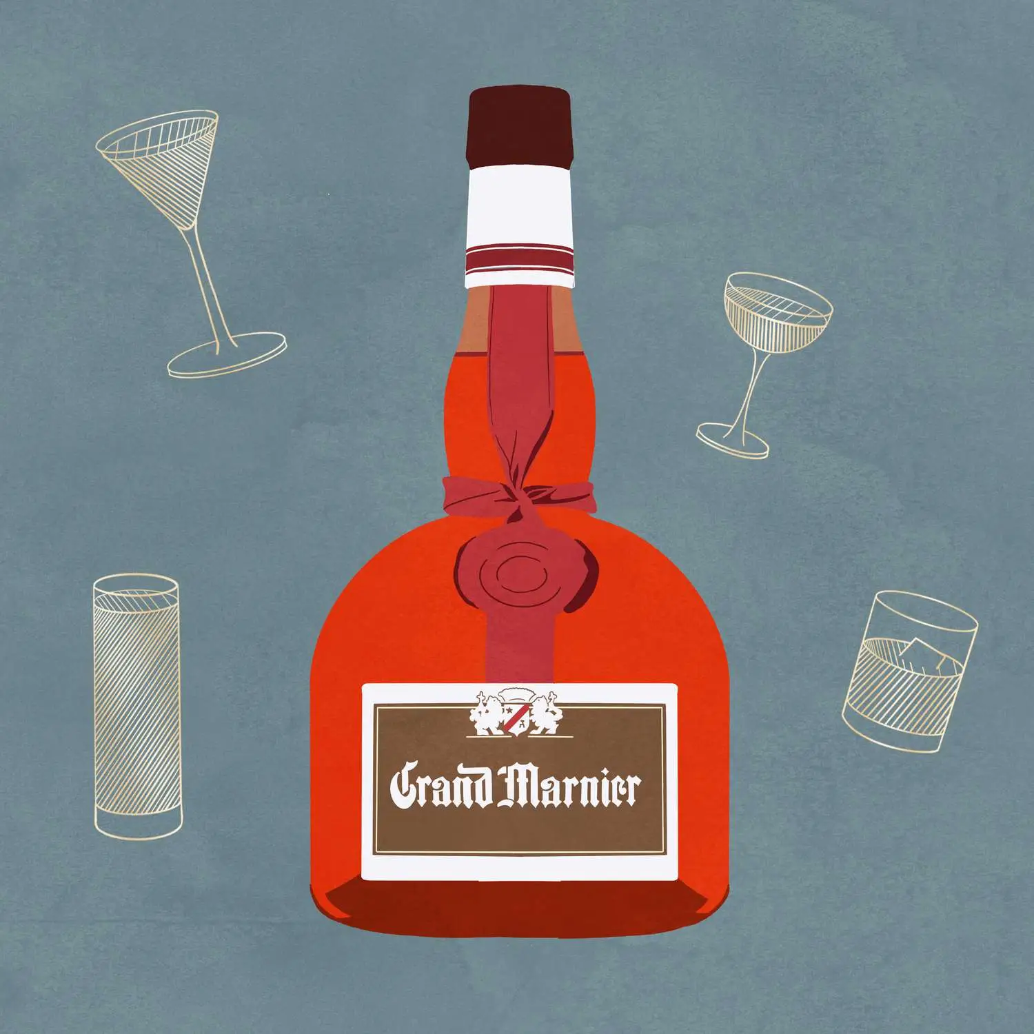 Grand Marnier bottle against faded blue background with cocktail illustrations