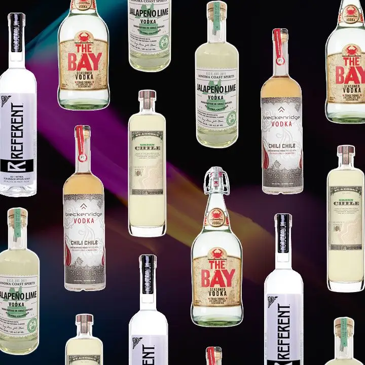 a collage of bottles of spicy vodka