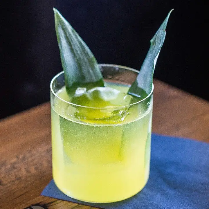 Smiling Rabbit mezcal sour cocktail in rocks glass with large cube and pineapple fronds, on wooden surface against black background