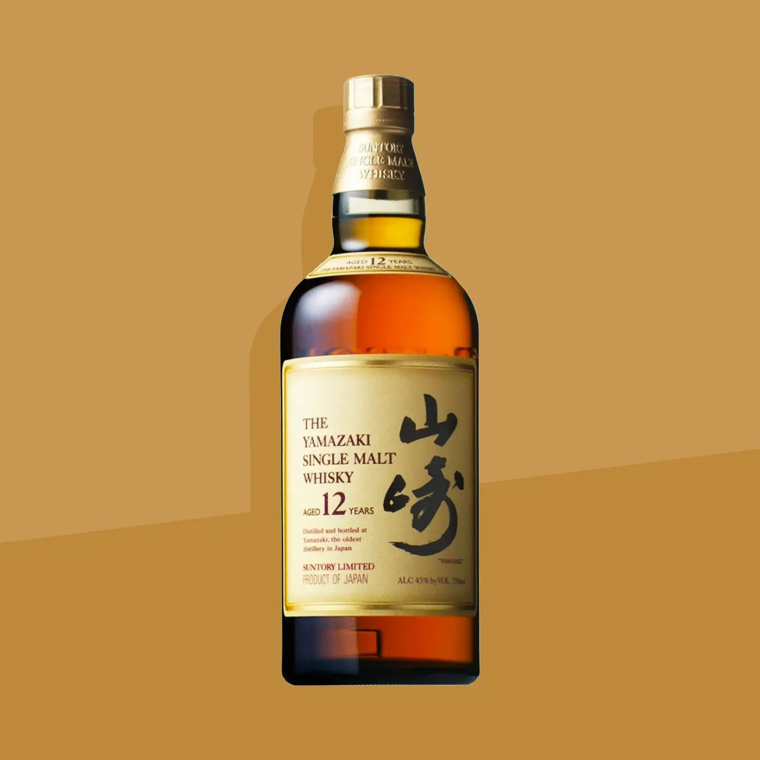 Yamazaki 12 Single Malt Japanese Whisky bottle against tan background