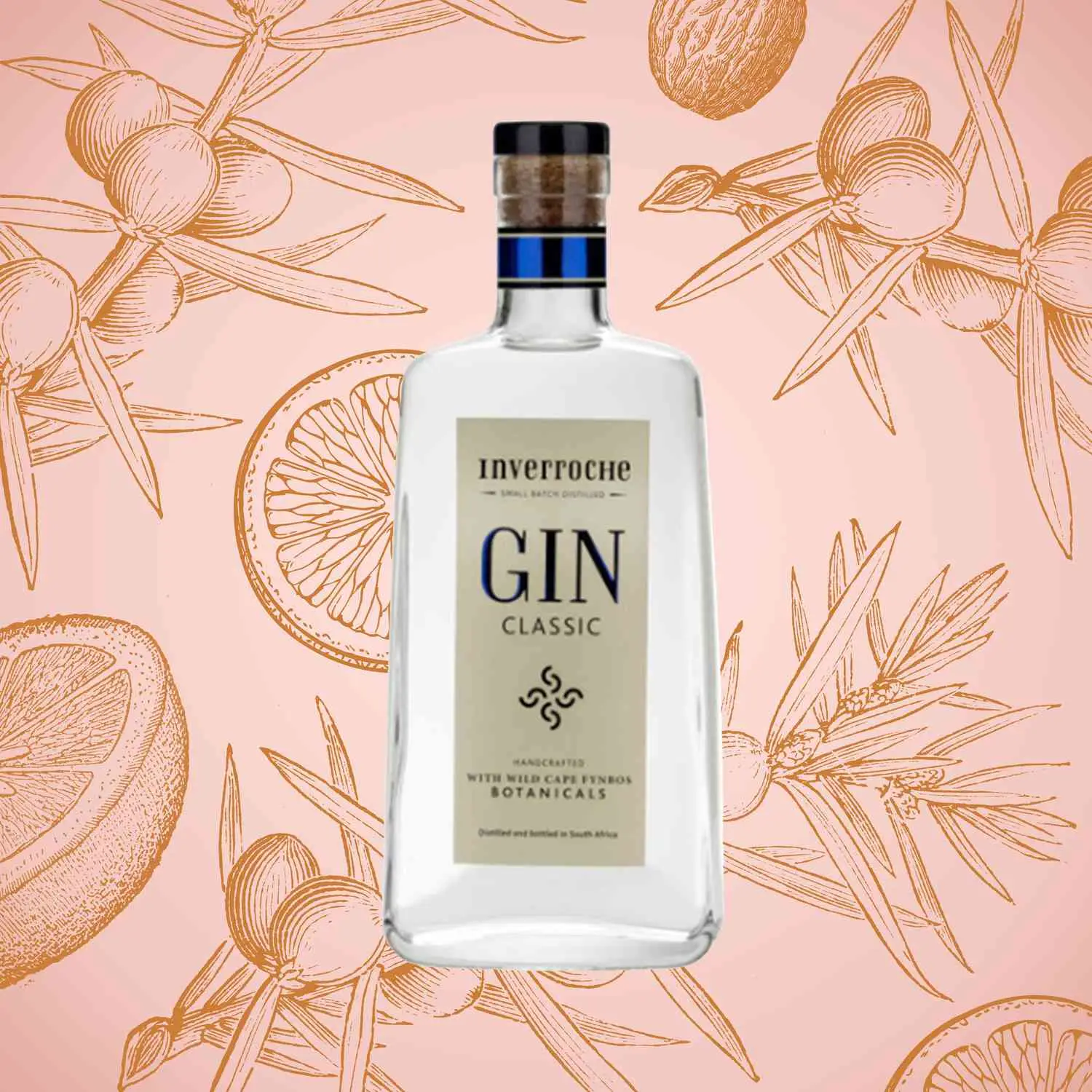 Inverroche South African Gin bottle against a pink background with botanical illustrations