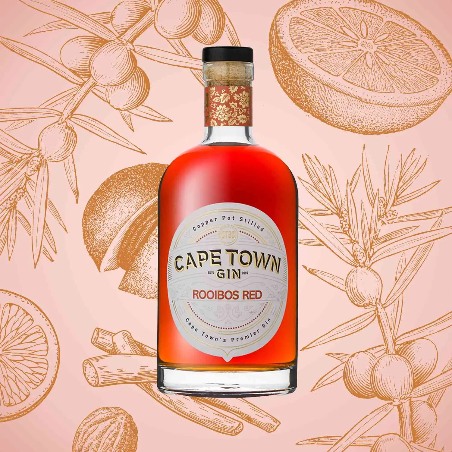 Cape Town Gin bottle against a pink background with botanical illustrations