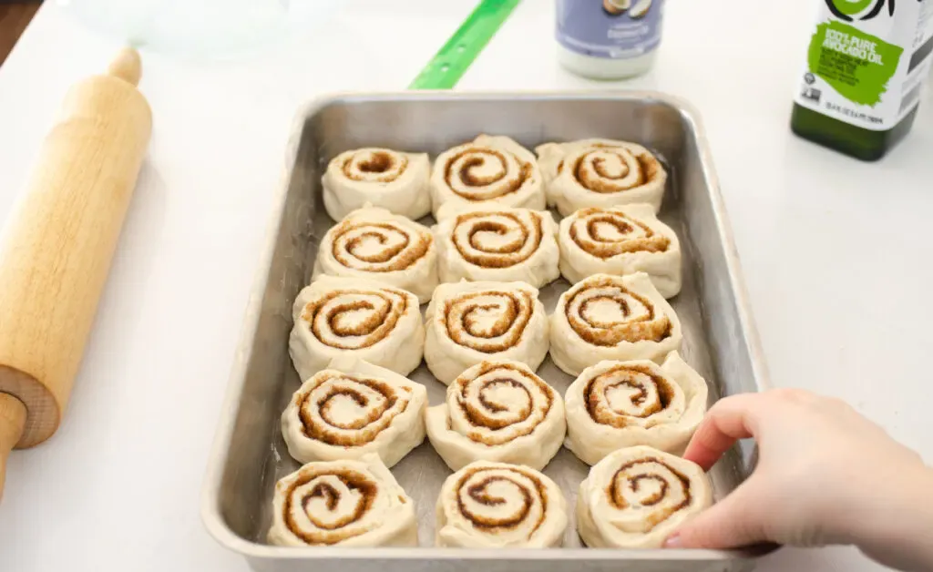 Placing the sliced cinnamon buns into the prepared pan.' title='Cinnamon Roll Recipe Without Milk