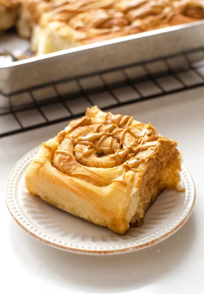 A dairy free cinnamon roll on a plate with the pan of cinnamon rolls in the background. ' title='Cinnamon Roll Recipe Without Milk