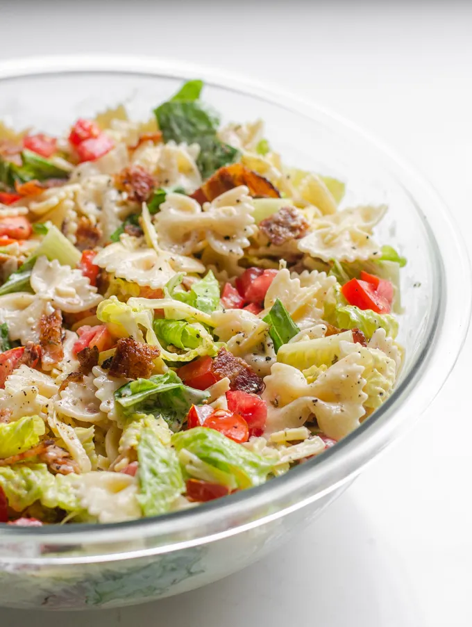 A large bowl of BLT bowtie pasta salad.' title='BLT Bowtie Pasta Salad