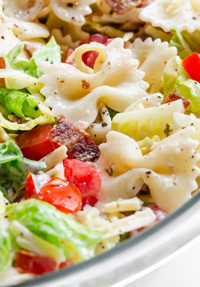 Close-up shot of the BLT bowtie pasta salad.' title='BLT Bowtie Pasta Salad