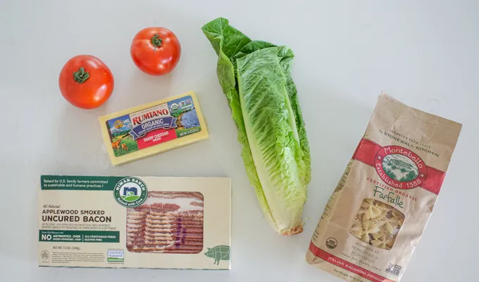 All of the ingredients needed to make BLT bowtie pasta salad.' title='BLT Bowtie Pasta Salad