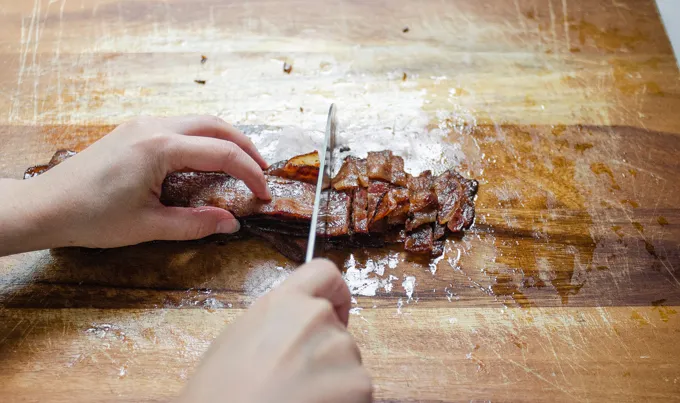 Chopping the bacon.' title='BLT Bowtie Pasta Salad