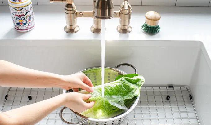 Washing lettuce in a colander.' title='BLT Bowtie Pasta Salad