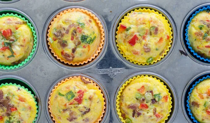From above shot of the baked egg muffin cups.' title='Egg Muffin Cups with Cottage Cheese Bacon and Peppers