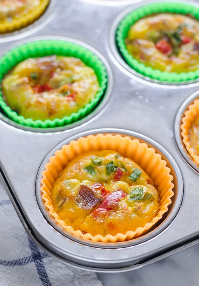 Baked egg muffin cups in the pan.' title='Egg Muffin Cups with Cottage Cheese Bacon and Peppers