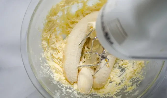 Bananas in the butter/sugar mixture.' title='Sourdough Banana Bread