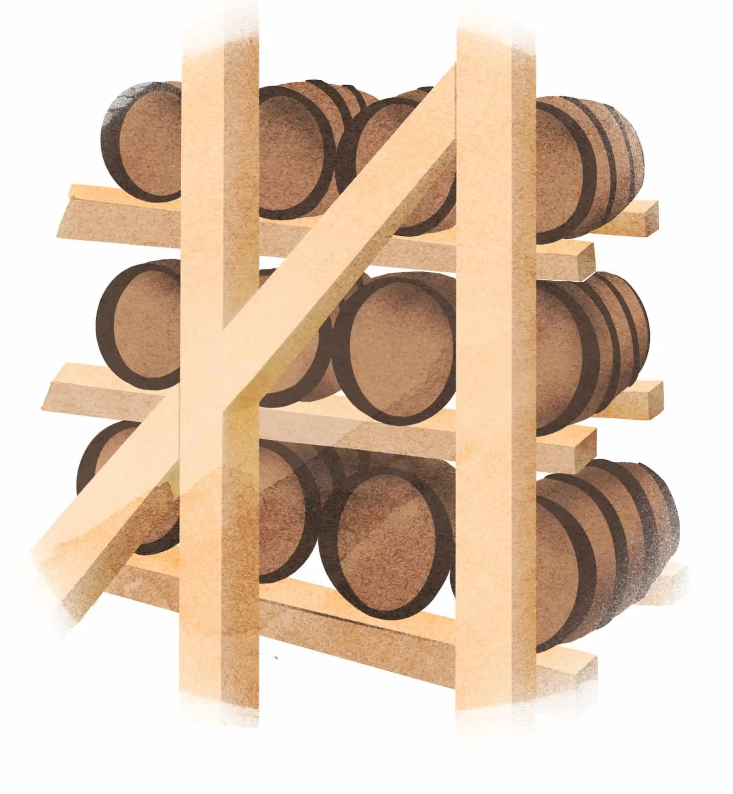 Illustration of bourbon barrels stored in a rickhouse