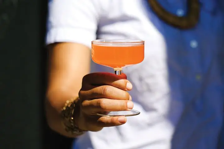 A person in a white short-sleeve buttoned shirt holding a Paper Plane cocktail in warm sunlight