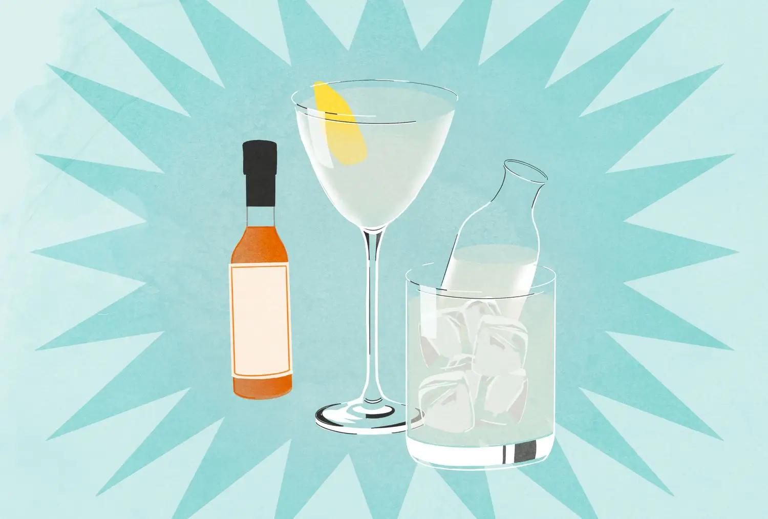 Martini in Nick and Nora glass with lemon peel, served with sidecar, and orange bitters bottle against blue background