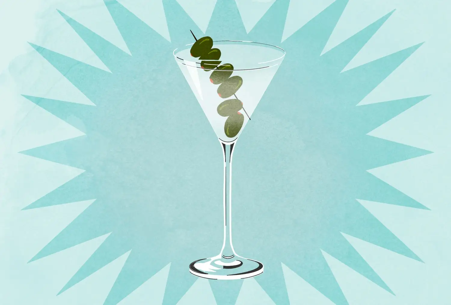 Martini in v shaped glass with six olives against blue background