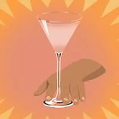 Illustration of hand pushing a Martini glass forward, on an orange sunsplash background 