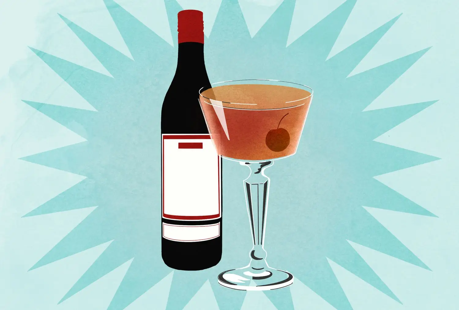 Martini with cherry in old-fashioned coupe glass with sweet vermouth bottle, against blue background