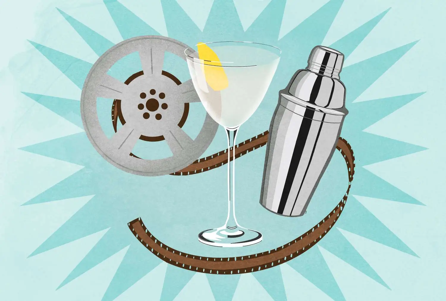 Martini in Nick and Nora glass with lemon peel garnish, film reel and shaking tin against blue background 