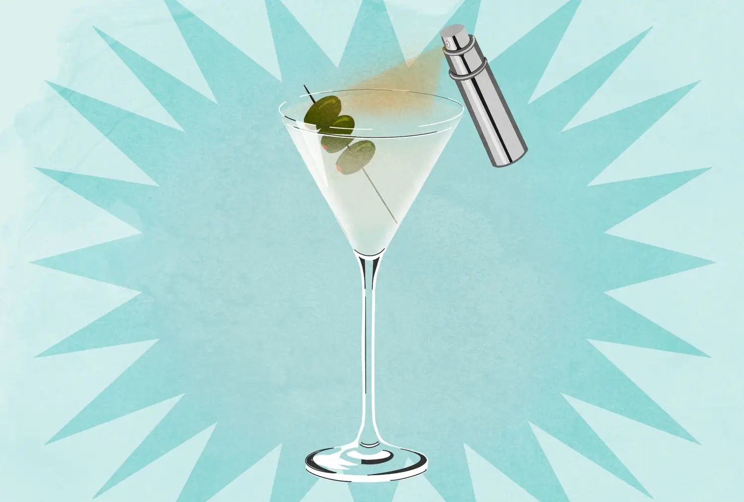 Martini in v shaped glass with three olives and vermouth atomizer, against blue background