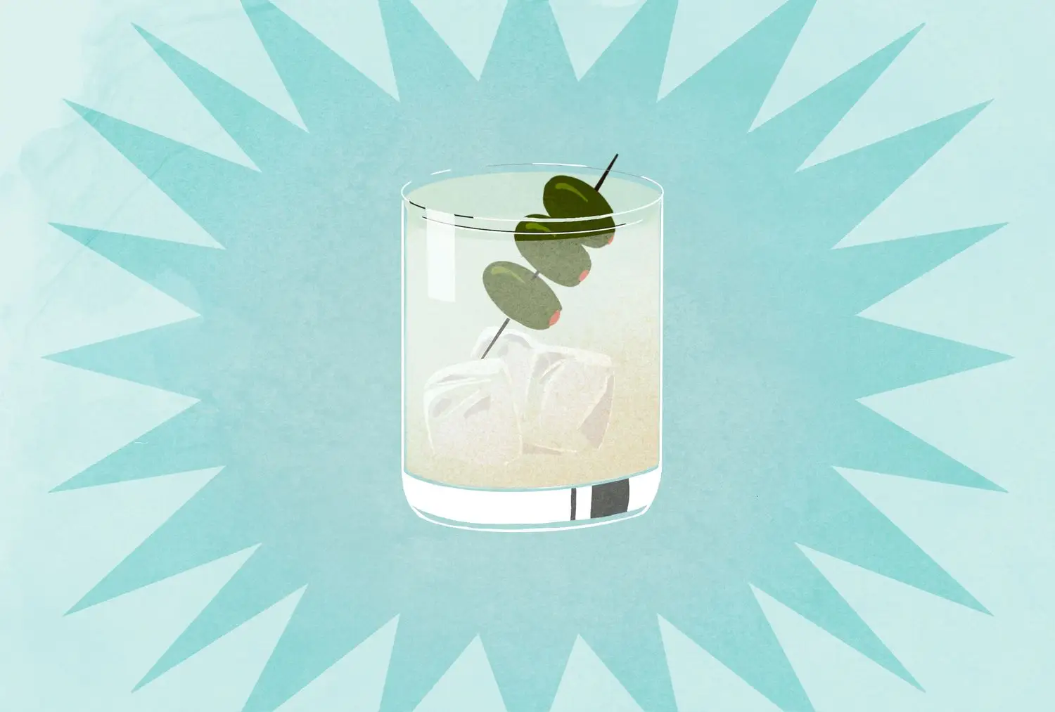 Vodka martini in rocks glass with three ice cubes and three olives against blue background