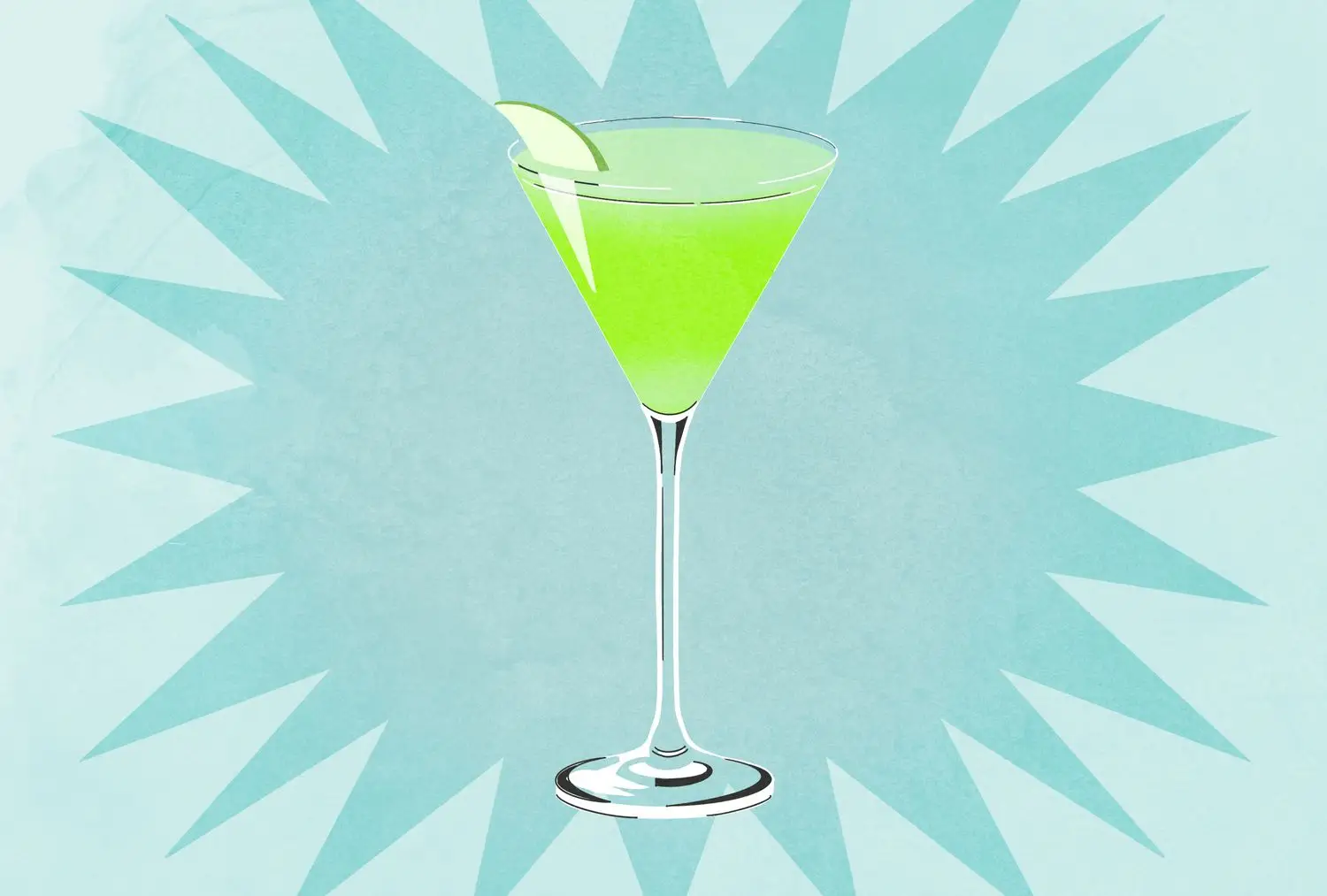 Bright-green appletini in v shaped glass against blue background
