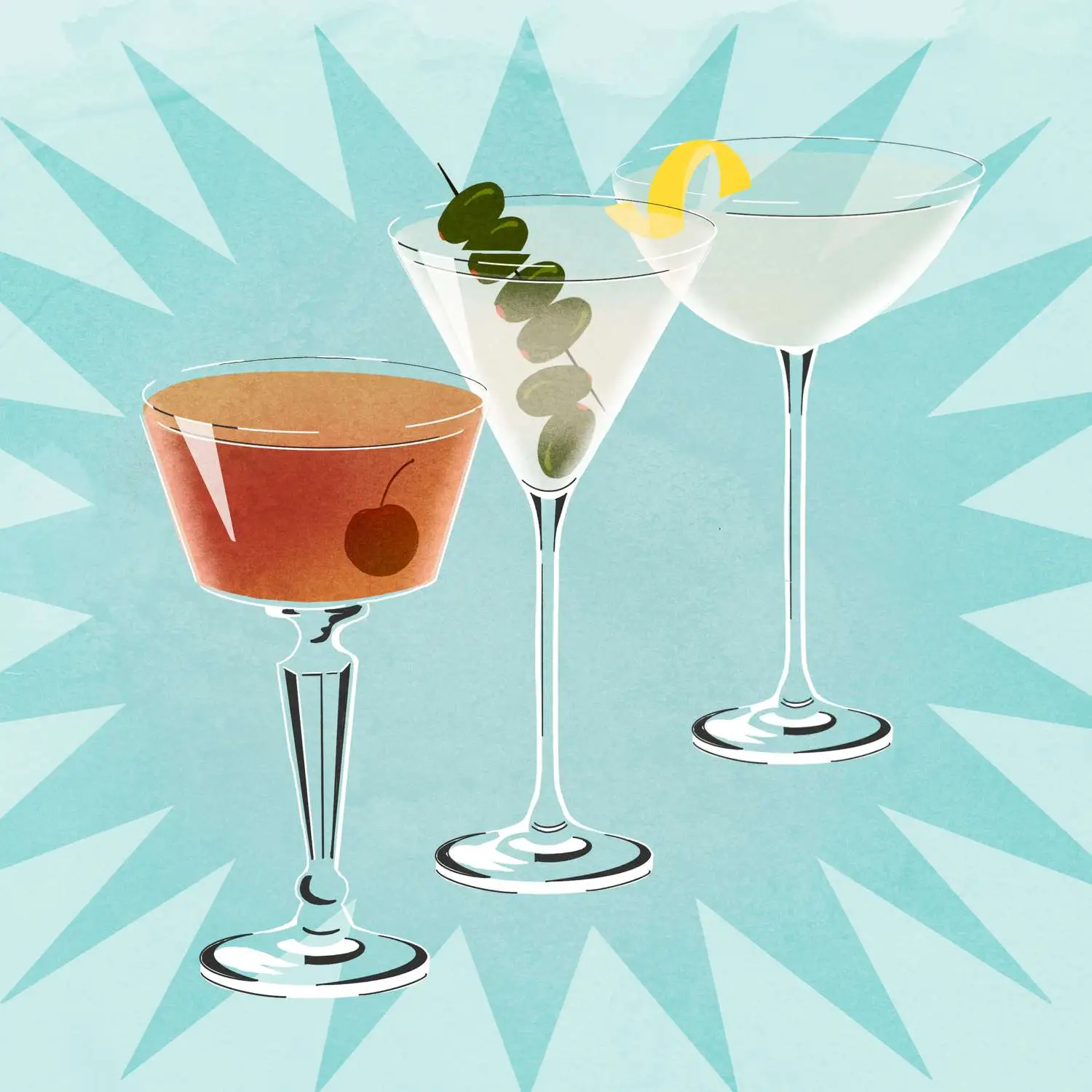 Martini with sweet vermouth in coupe glass with cherry, dirty martini in v shaped glass with six olives, and dry martini in coupe with lemon twist against blue background