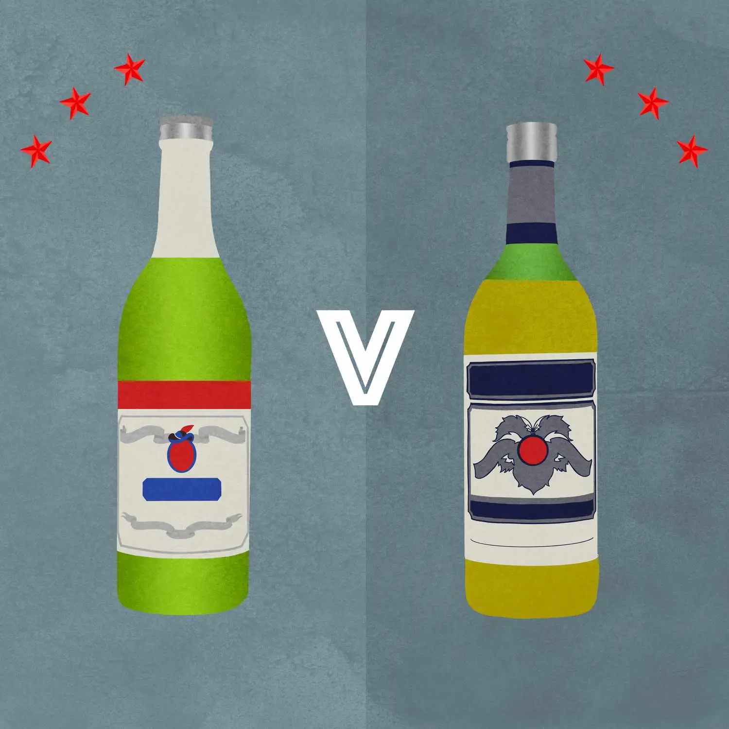 Pastis bottles against a grey back backround with read stars above the bottles