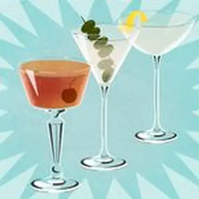 Martini with sweet vermouth in coupe glass with cherry, dirty martini in v shaped glass with six olives, and dry martini in coupe with lemon twist against blue background