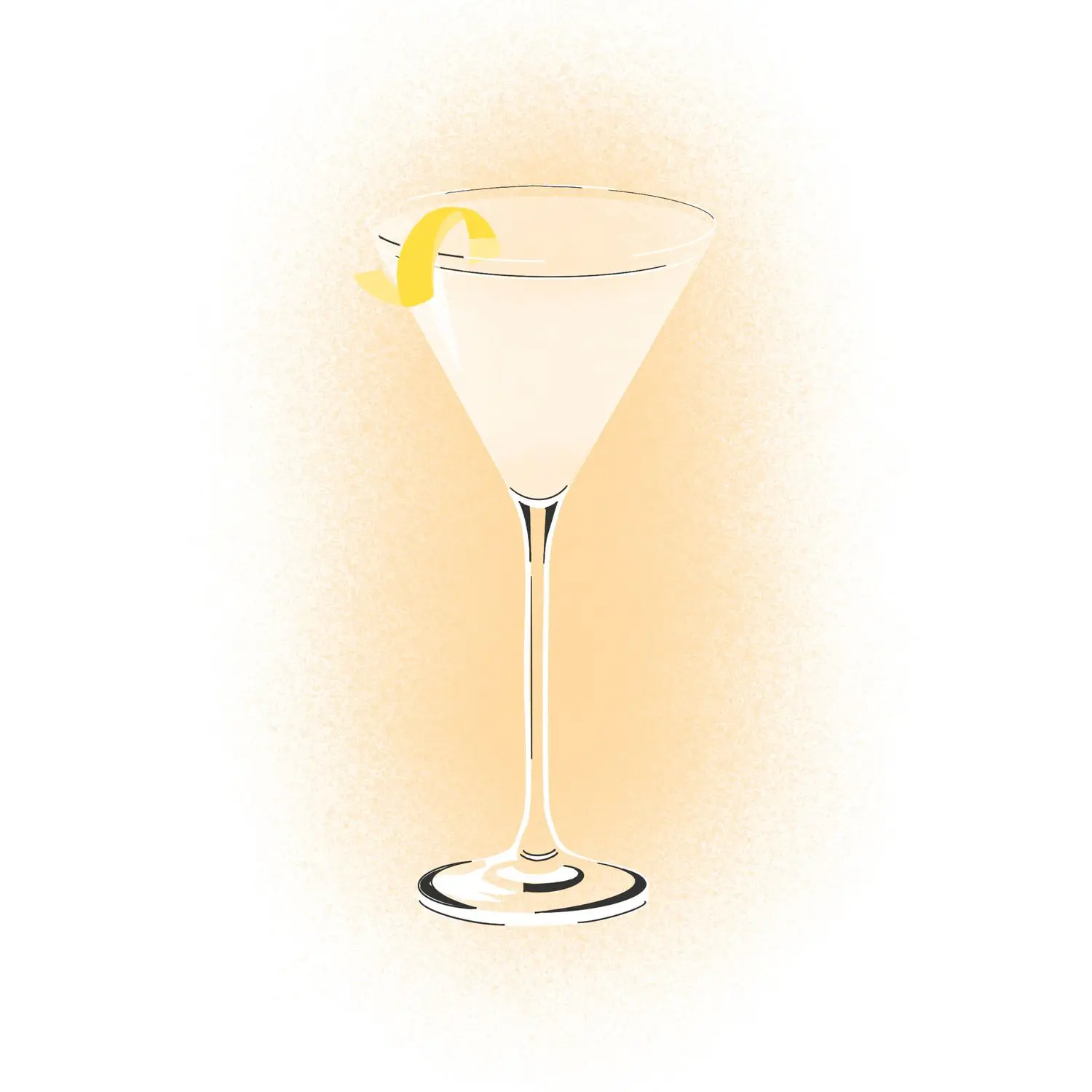 Illustration of a classic v-shaped martini cocktail glass, with lemon twist