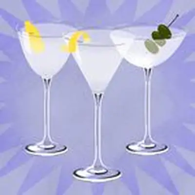 Illustration of three Martinis in coupe glass, v-shaped martini glass, and Nick & Nora glass, with various garnishes