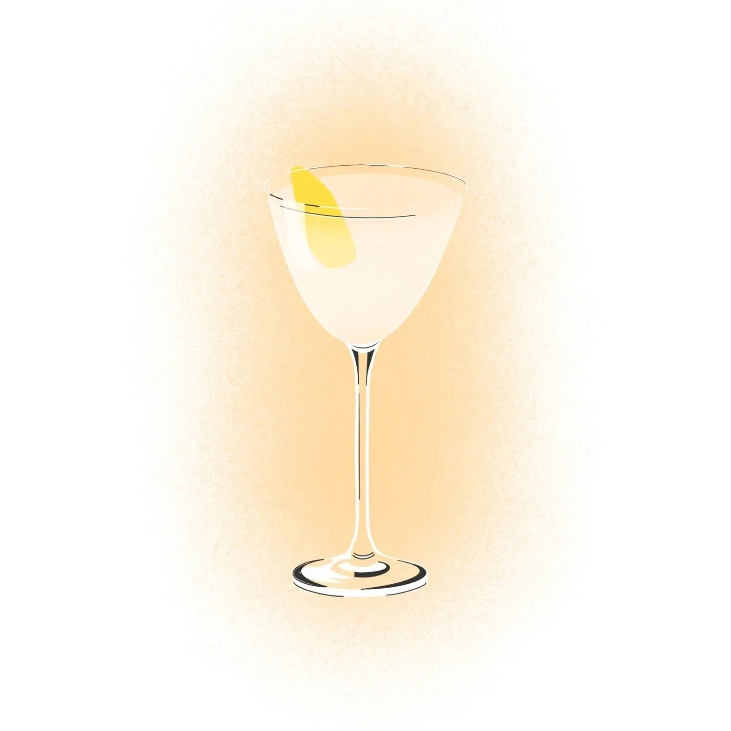 Illustration of a Nick & Nora glass, with higher and more tapered sides than a classic Martini glass, with lemon twist garnish