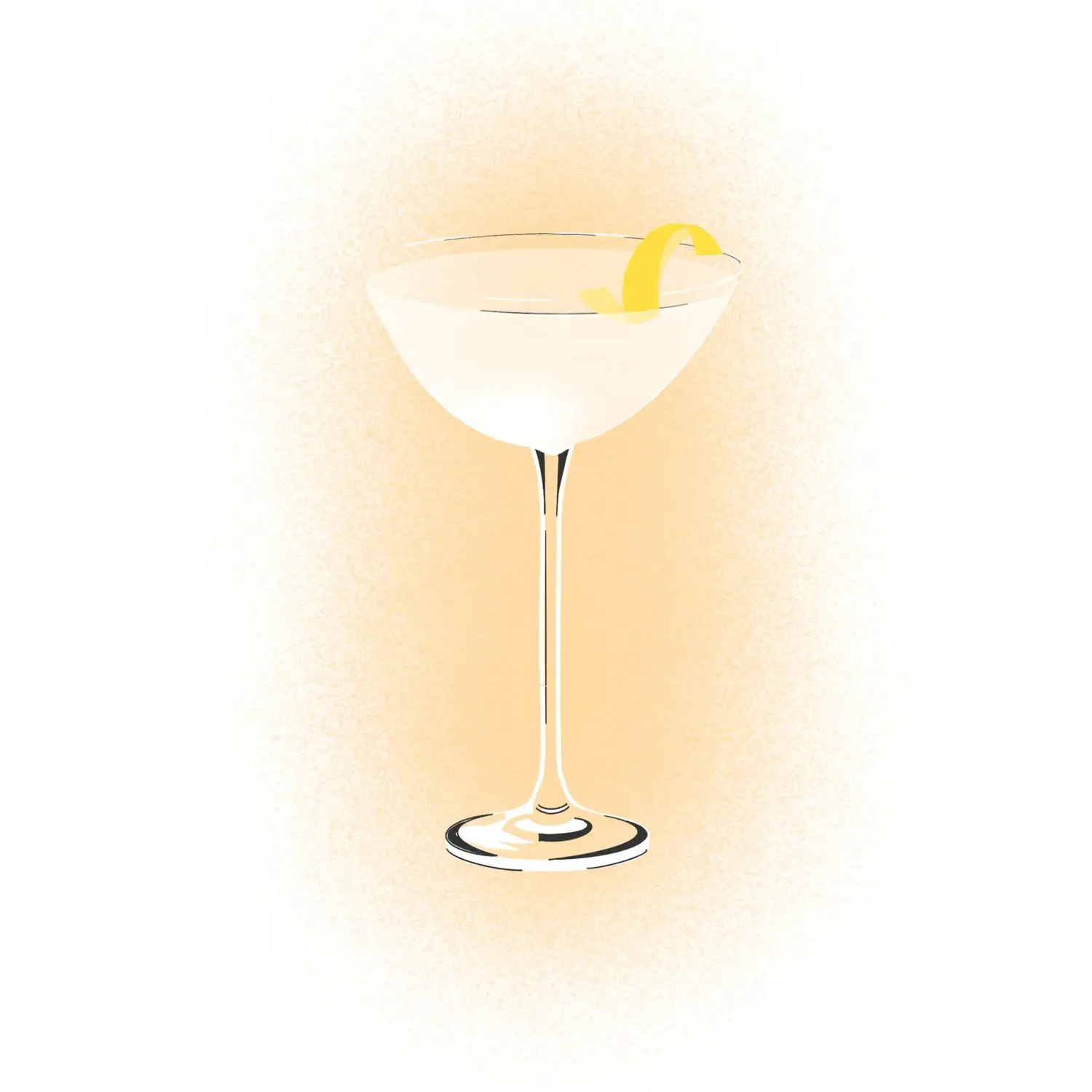 Illustration of a rounded coupe glass, also known as a Champagne goblet, containing a martini with lemon twist