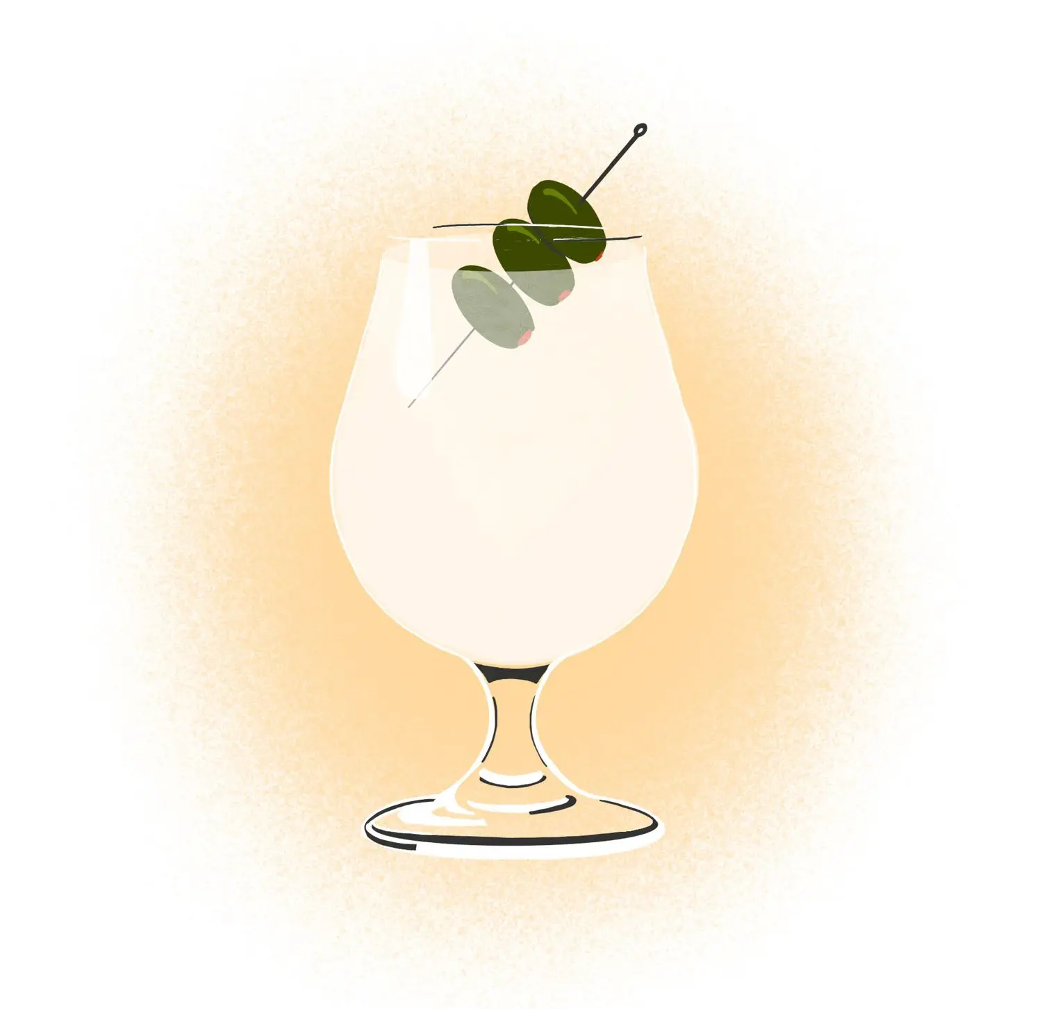Illustration of a Belgian beer glass, stemmed with tapered bowl shape, containing a Martini with three olives