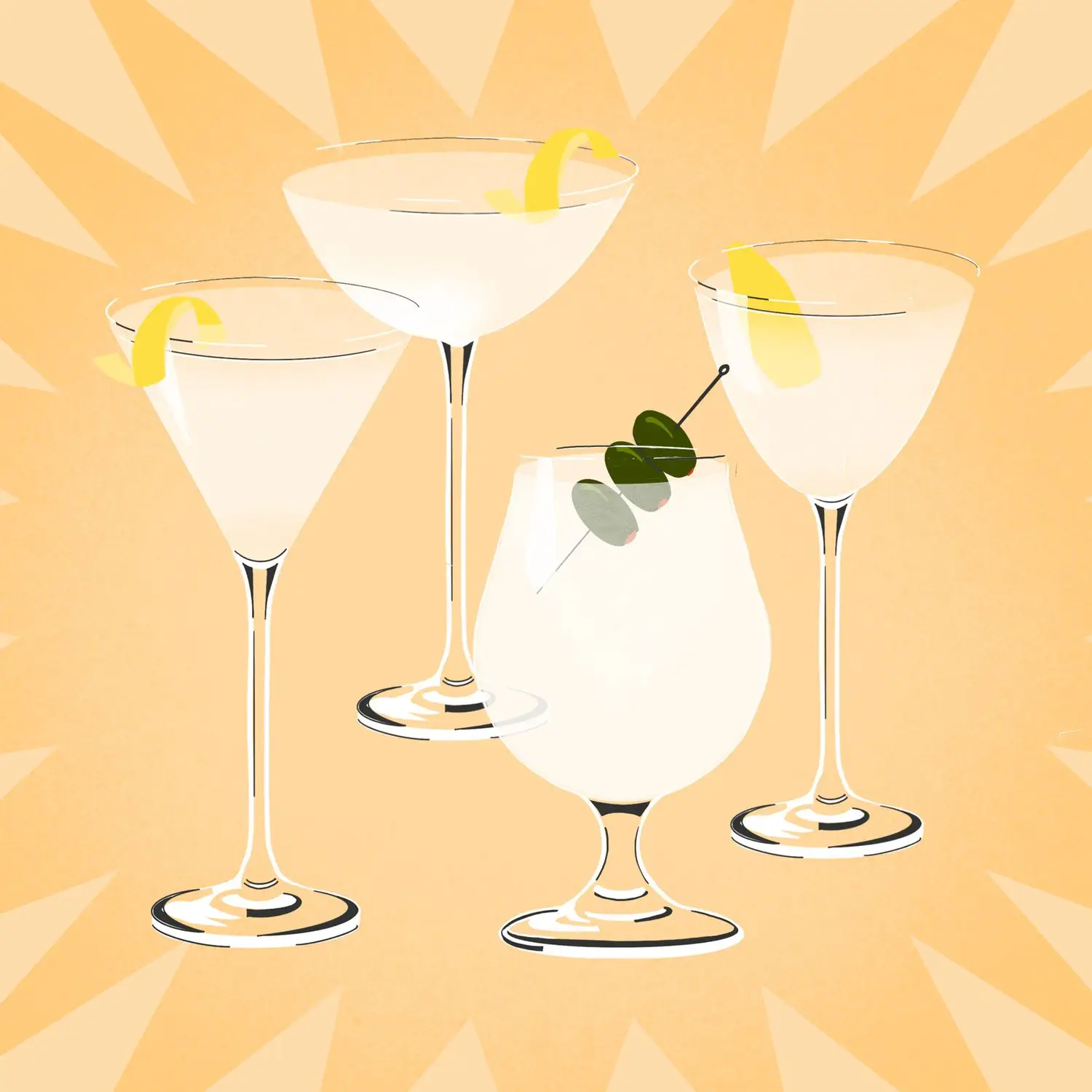 Illustration of V-shaped Martini glass, coupe glass, Nick & Nora glass, and Belgian beer glass, all garnished and holding martinis