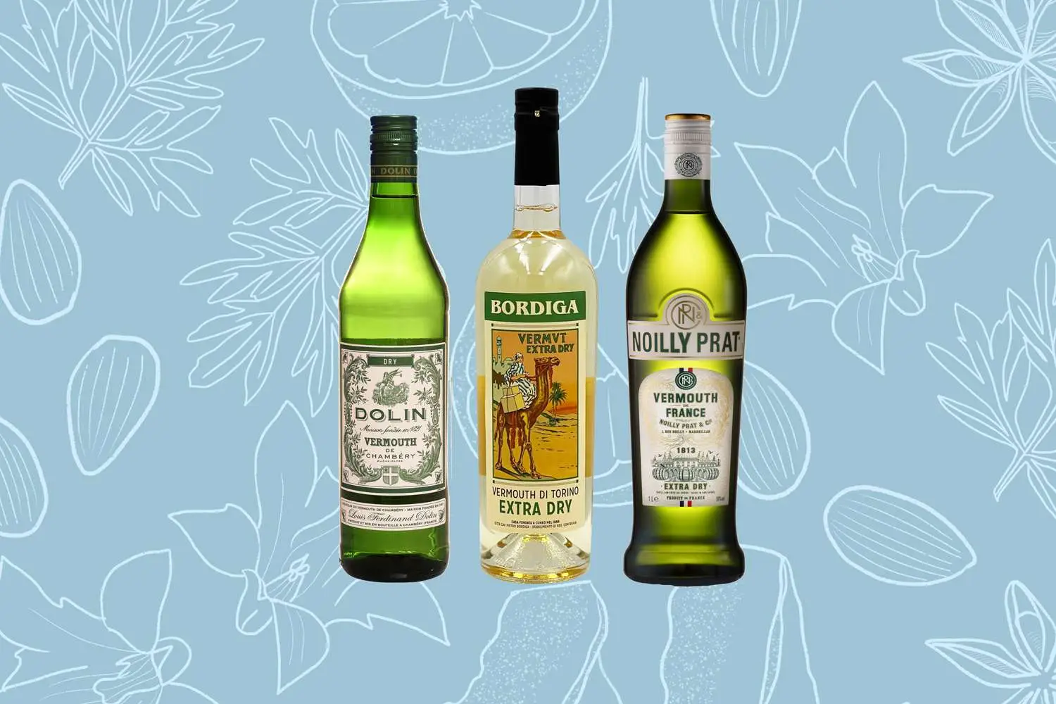 Bottles of Dolin Vermouth de ChambÃ©ry Dry, Bordiga Vermouth di Torino Extra Dry, and Noilly Prat Extra Dry Vermouth against botanical background that includes wormwood, chamomile, and citrus 