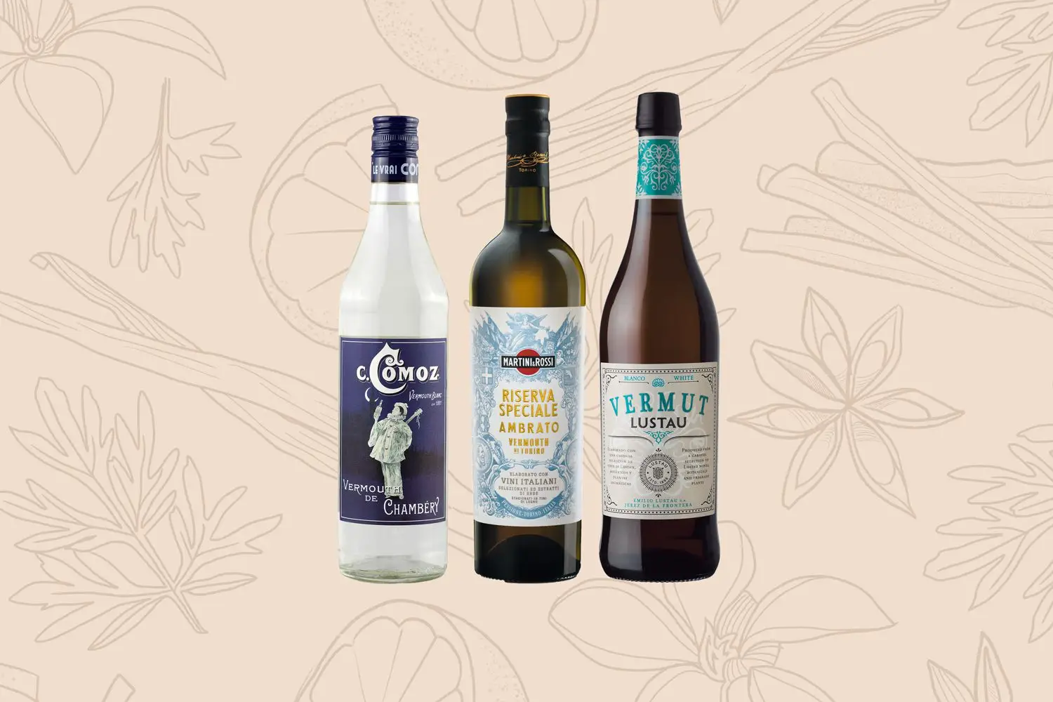 Bottles of Comoz Blanc Vermouth de Chambery, Martini and Rossi Riserva Speciale Ambrato, and Lustau Vermut Blanco against botanical background that includes wormwood, chamomile, cinnamon, star anise, and citrus 