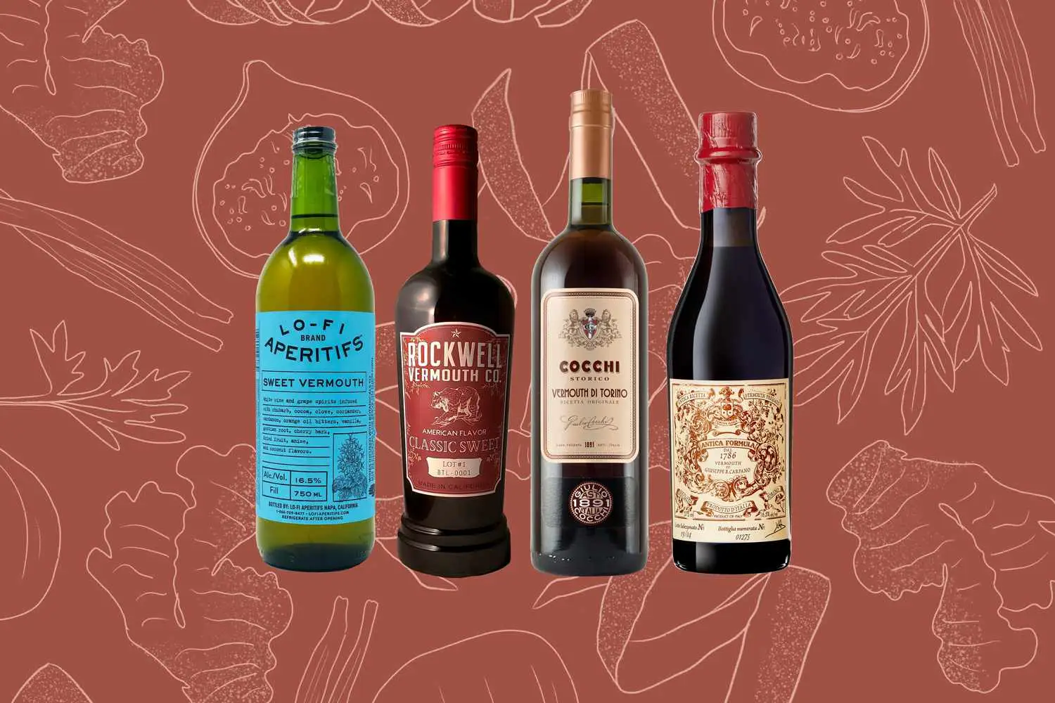 Bottles of Lo-Fi Aperitifs Sweet Vermouth, Rockwell Vermouth Co. Classic Sweet, Cocchi Storico Vermouth di Torino, and Carpano Antica Formula against botanical background that incldues wormwood, orange peel, and cinnamon 