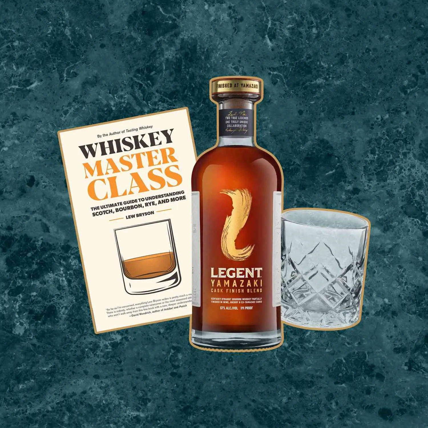 Best gifts for bourbon lovers items: Whiskey Master Class book, Legent Yamazaki bottle, whiskey glass