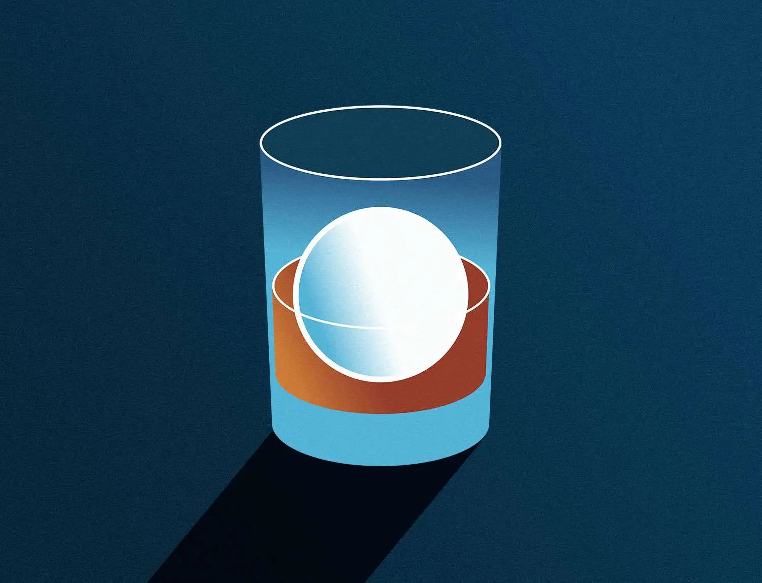 Neat pour of whiskey illustration in rocks glass with ice sphere, against dark blue background