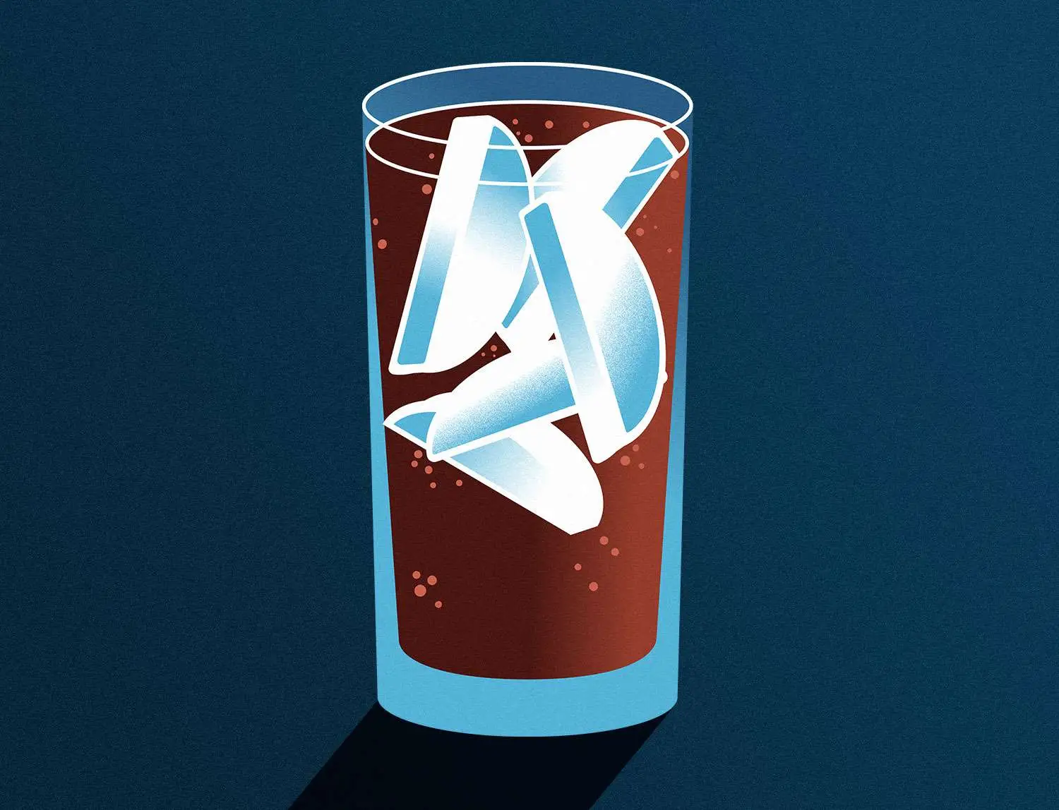 Soda in highball glass illustration with several crescent shaped ice cubes, against dark blue background