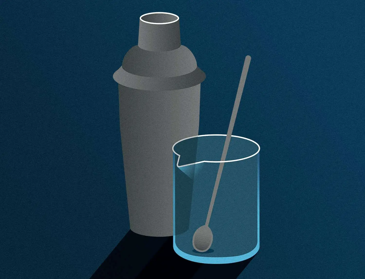 Cobbler shaker and mixing glass with barspoon illustration against dark blue background