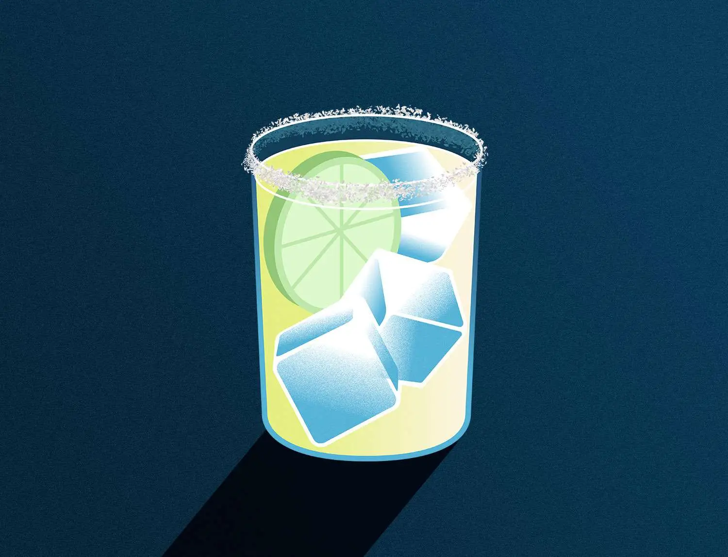 Margarita illustration with three small cubes, lime wheel and salted rim in rocks gloss against dark blue background