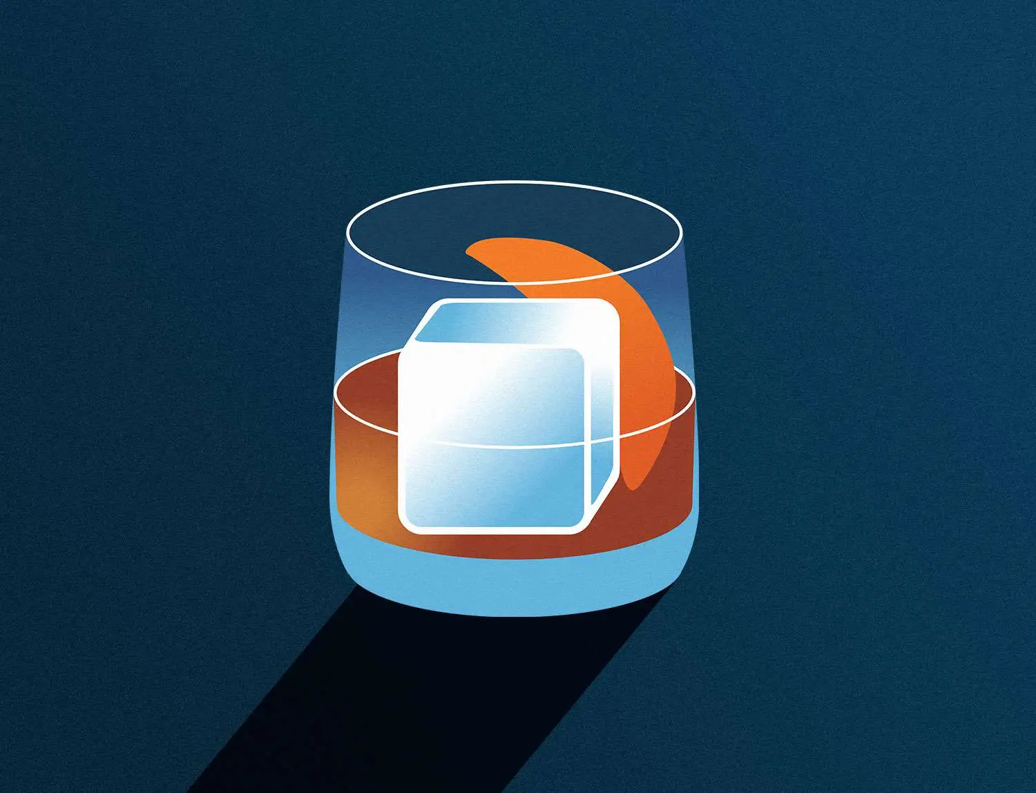 Old Fashioned illustration with large ice cube and orange peel in rocks glass against dark blue background
