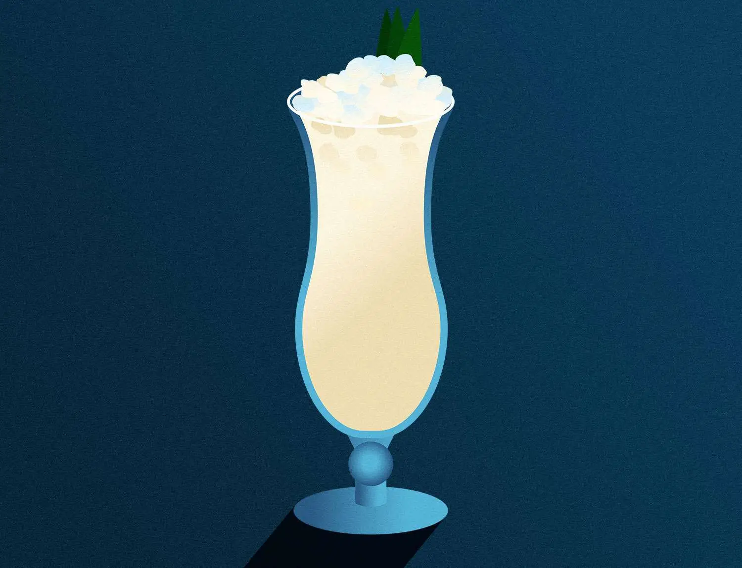 Pina Colada illustration with crushed ice and pineapple frond in hurricane glass, against dark blue background