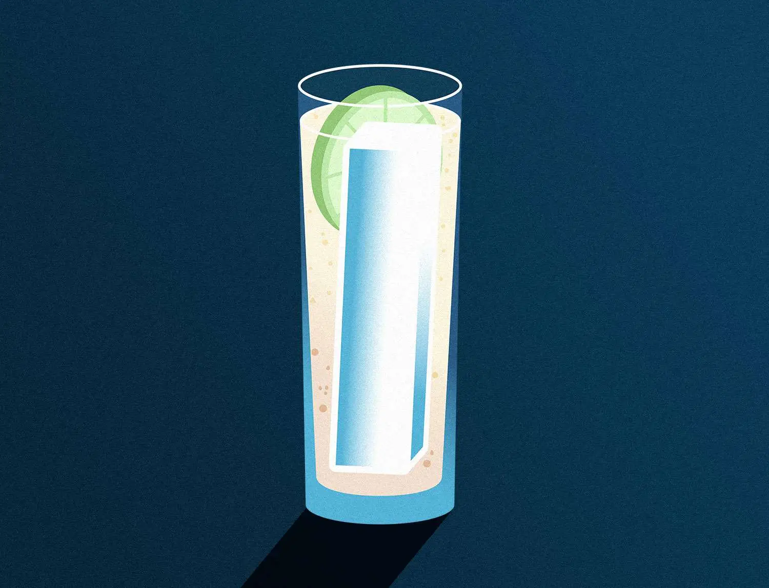 Collins style cocktail illustration with lime wheel and Collins spear in Collins glass, against dark blue background 