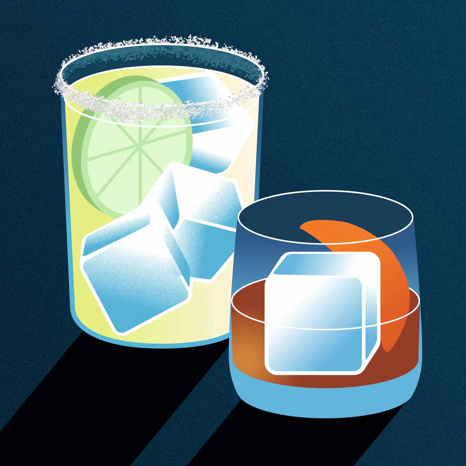Margarita with several small ice cubes and lime wheel in salt rimmed rocks glass and Old Fashioned with large ice cube and orange peel in smaller rocks glass, against dark blue background