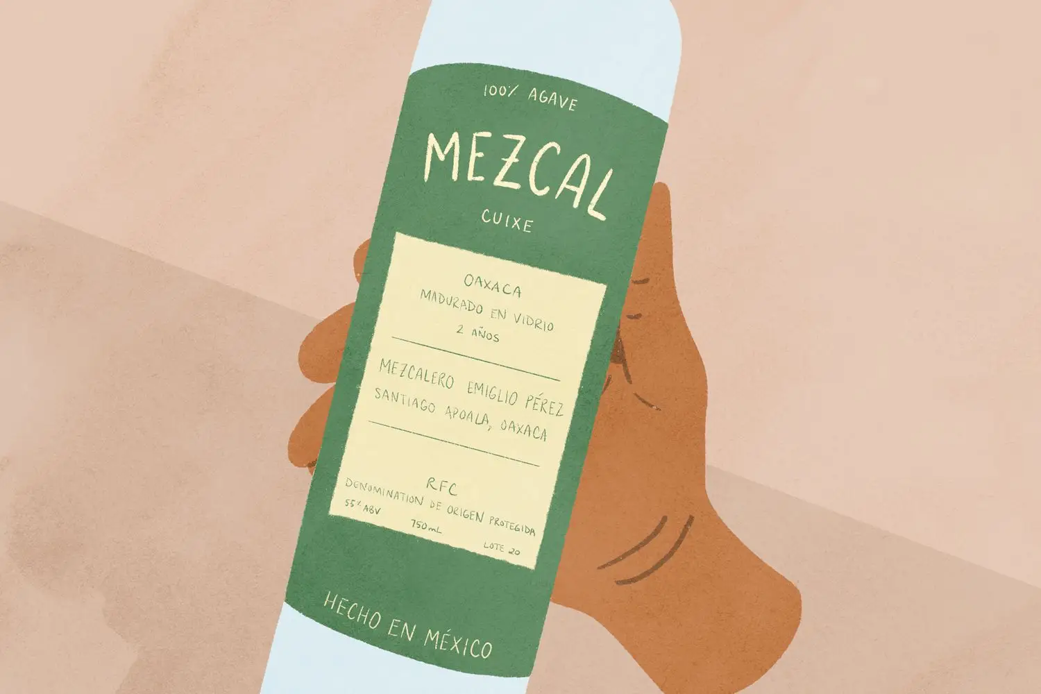 illustration of hand holding a mezcal bottle with label out