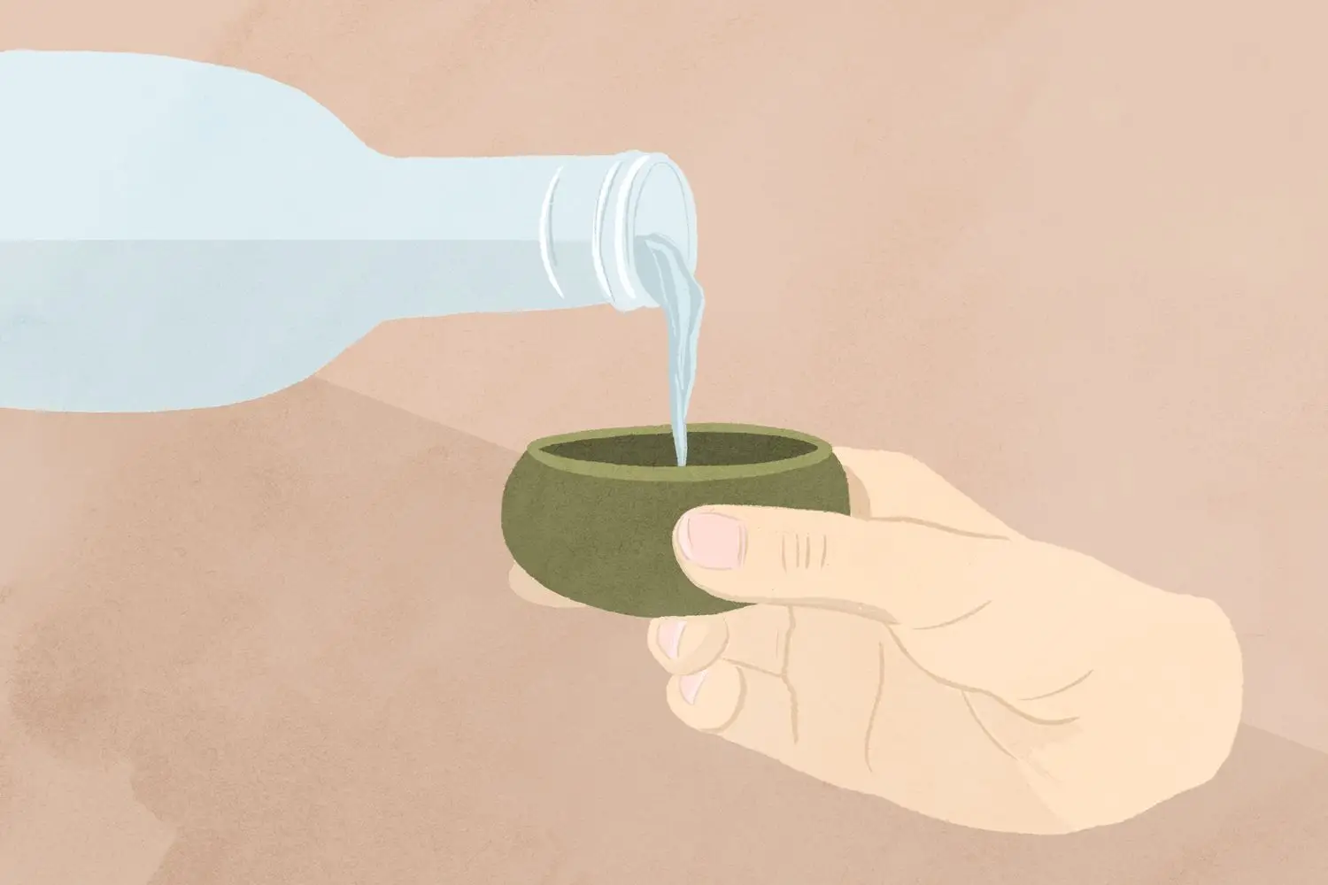illustration of a bottle pouring mezcal into a hand held copita cup.