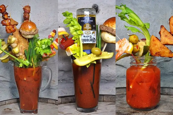 A triptych of three Bloody Marys from Sobelman’s, each garnished with a variety of over-the-top accoutrements like sliders, skewered bites, pickle spears and more